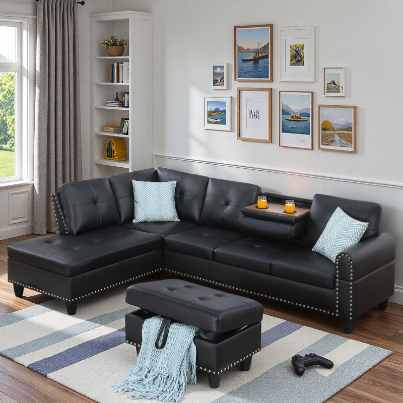 Canapé modulaire en L en similicuir avec garniture cloutée, porte-gobelets et repose-pieds avec rangement