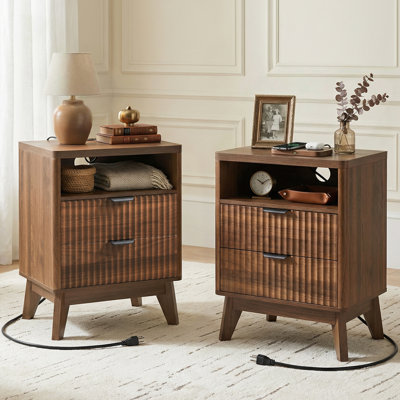 Table de chevet en noyer, ensemble de 2, table de chevet étroite en bois avec 2 tiroirs, table de chevet de chambre à coucher moderne, 17,7 po x 13,8 po x 23,4 po