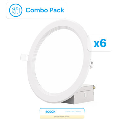 Ensemble de plafonniers encastrés à DEL 6 pouces Infibrite avec garniture déflectrice, lumière blanche froide de 4 000 Kelvin, finition blanche, 12 watts, 1050 lumens, intensité variable, cote humide, ensemble de 6
