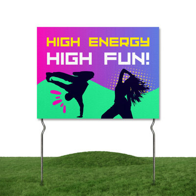 High Energy, High Fun! Yard Sign by DC | 24"x18" Double Sided Dance/Zumba Garden Sign with 13” Metal Stakes | Outdoor Signs Waterproof for Lawn, Patio, Sidewalk & House | Set of 5 | Made in USA