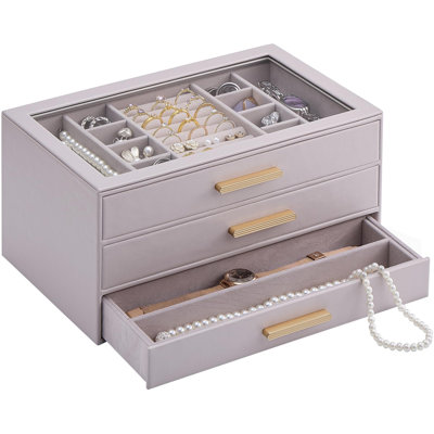 Jewelry Box Organizer, 3 Layers Storage Case with Glass Window Ring Earring Bracelet Necklace Holder, Gift for Women