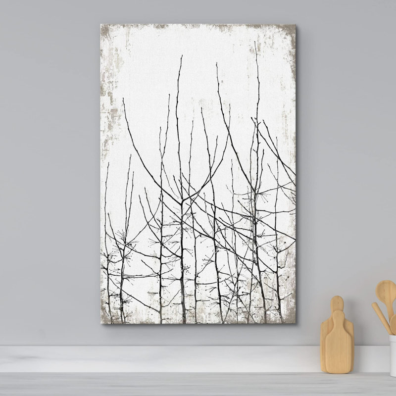 " Black & White Thin Tree Branch Silhouettes Plants Modern Art Rustic ", 48" H x 32" W, Wrapped Canvas