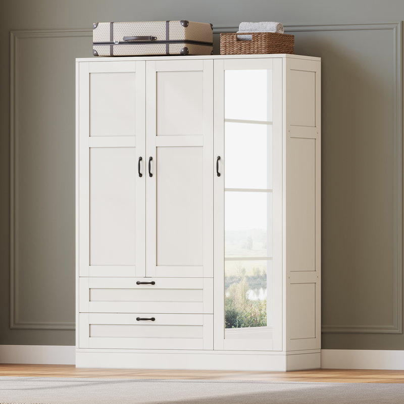 Armoire 5 en 1 avec miroir pleine longueur et 2 tiroirs, armoire de rangement autoportante avec tablettes réglables, armoire en bois blanc moderne