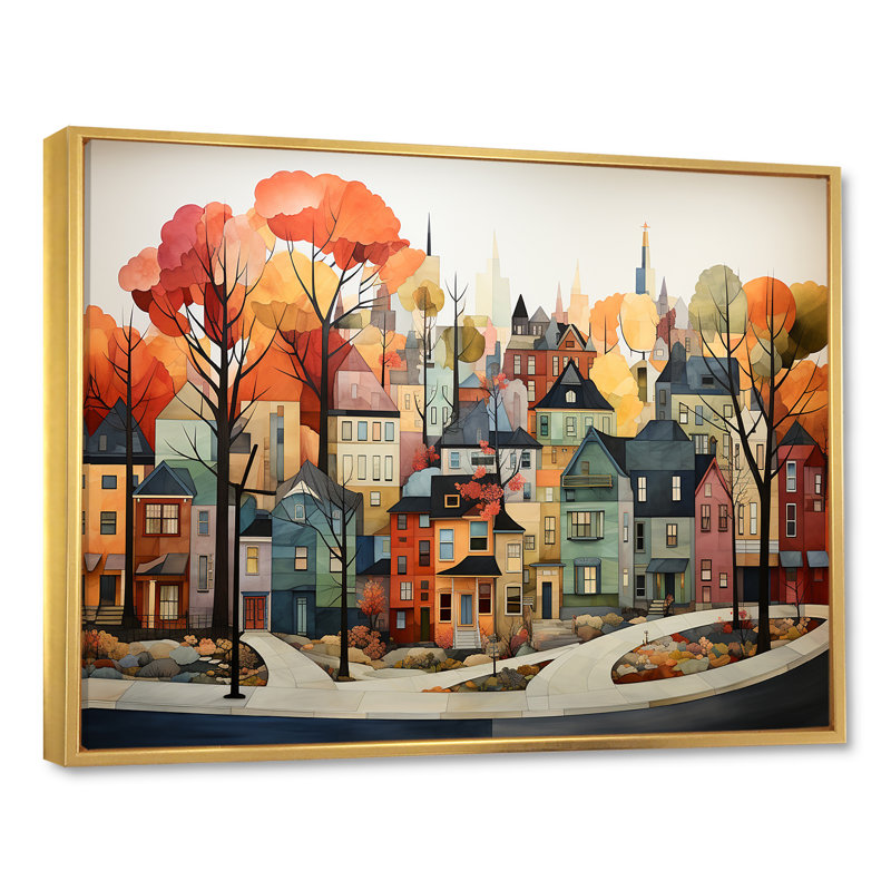 Autumn vintage orange village - New York Wall Art, Gold Floater Framed, 24" H x 32" W x 1" D