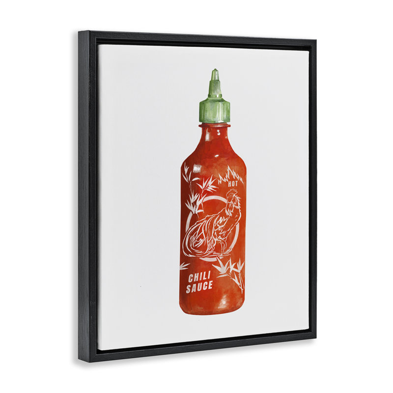 Conception flottante emblématique d'une bouteille de sauce chaude encadrée par Rylen McNett, Cadre flottant noir de jais