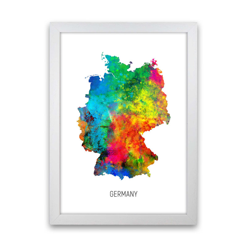 Germany Watercolour Map by Michael Tompsett - 1 Piece Wall Art, 46cm H x 34cm W x 3cm D, White Framed