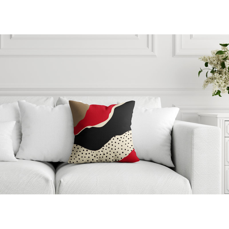 Coussin décoratif intérieur / extérieur en polyester filé Toni, 15 po x 15 po, Rouge / blanc cassé / beige / noir