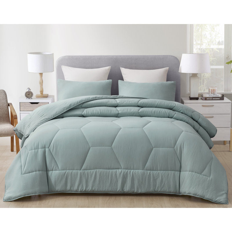 Washed Microfiber Bedding Honeycomb Comforter Set, Aqua, Queen Comforter + 2 Standard Shams