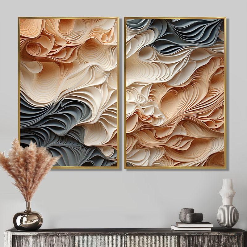 «Beige et orange Custards Collage I», art mural abstrait grand, H 36 po x l 48 po, Impression encadrée flottante, Doré