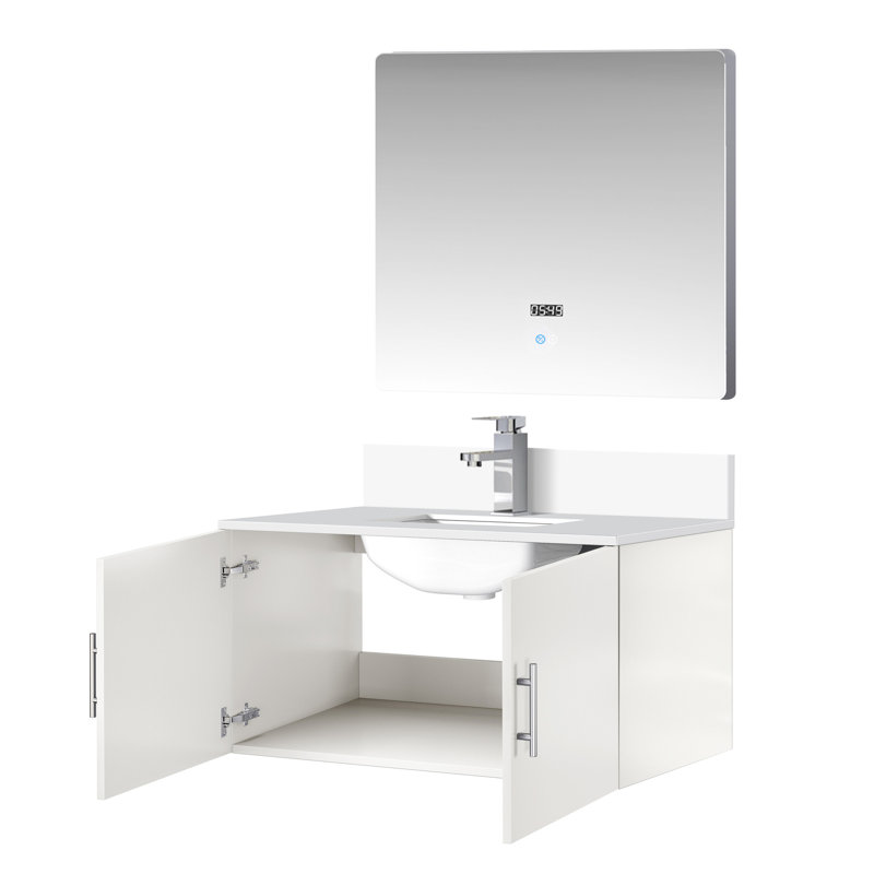36 po Meuble-lavabo de salle de bain avec comptoir en quartz blanc, robinet et miroir à DEL - comptoir x P 22 po