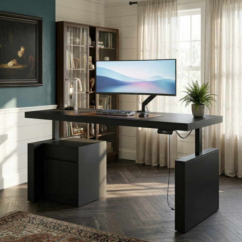 Bureau ergonomique à hauteur réglable ergonomique avec rangement, Noir, noir, noir, noir