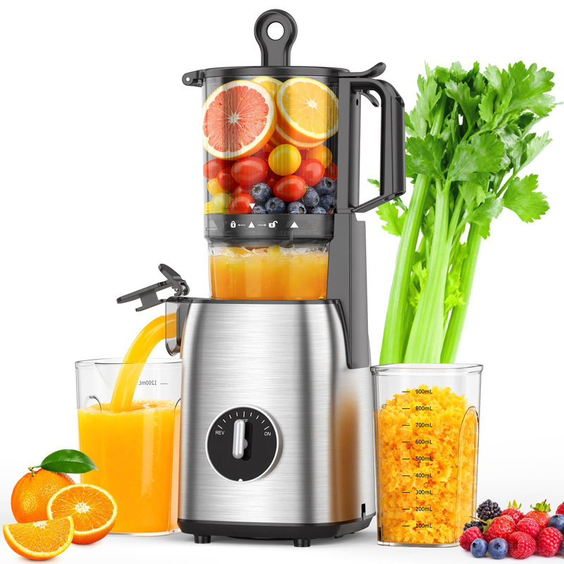 Centrifugeuse 300 W, 5,4 po de largeur, presse-agrumes, bouton rétro, mastication lente, haut rendement facile à nettoyer, corps carré en acier inoxydable pour les légumes à fruits entiers