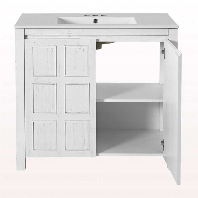 Organisateur de meuble-lavabo 36 po avec lavabo en céramique, ensemble armoire de rangement pour salle de bain, blanc antique