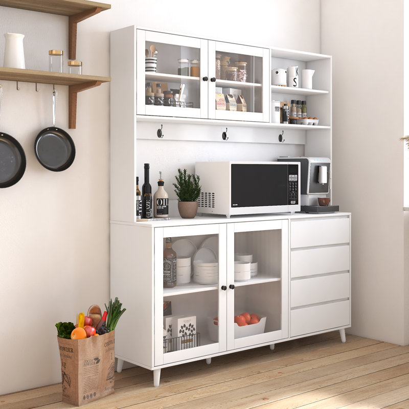 Armoire de cuisine de 63 po de large, armoire de rangement autoportante avec 4 portes, 4 tiroirs et tablette à micro-ondes, blanc, buffet