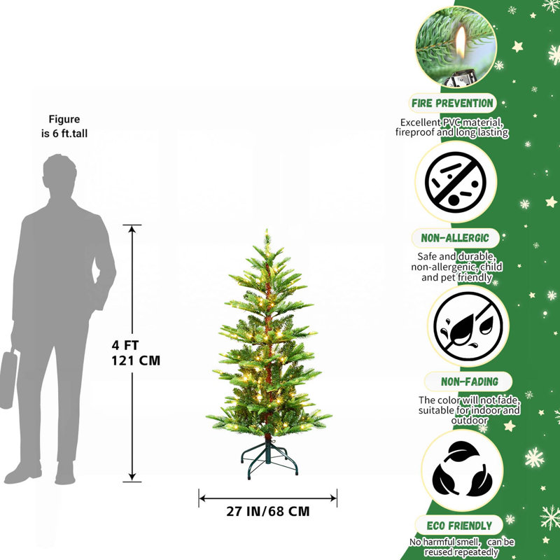 Arbre de Noël illuminé de 4 pi avec 100 lumières DEL blanc chaud, 298 pointes en PE + PVC, fil à mémoire dépliable et support en métal stable pour un assemblage facile