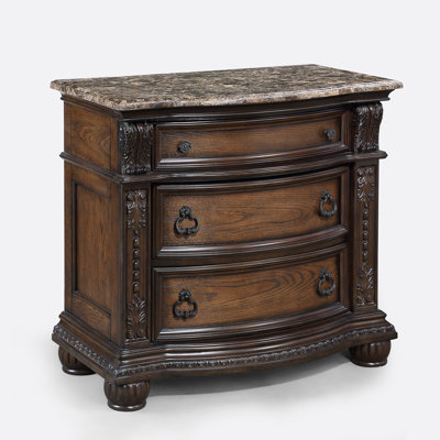 1Pc Nightstand With Three Drawers, Marble Tops, Antiqued Hardware, Coffee Brown Finish And Intricate Moldings, Traditional Bedroom Decor Impressive Piece Finish, Hardware Must - Have