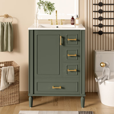 Meuble-lavabo moderne de 24 po avec lavabo en céramique, porte à fermeture douce, 3 tiroirs, poignées dorées et support de porte pour un rangement peu encombrant