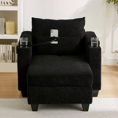Convertible Chaise Lounge 37.4" Sofa Chair Sofa Bed Corduroy Sleeper Sofa With USB Ports , Two Cup Holders, Phone Holder And Ample Storage Space For Living Room And Bedroom