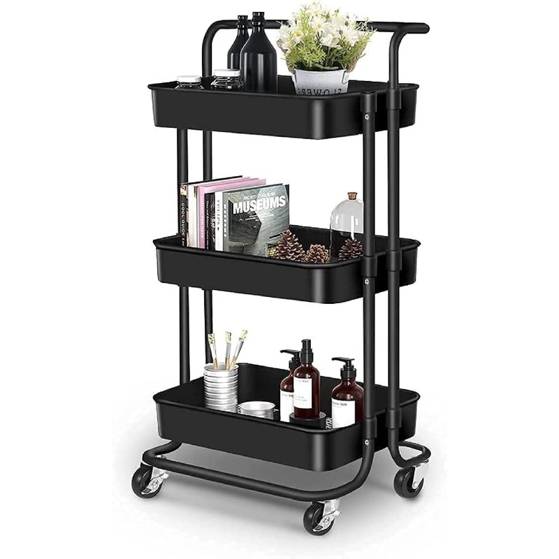 Black 3-Tier Metal Rolling Utility Cart with Casters