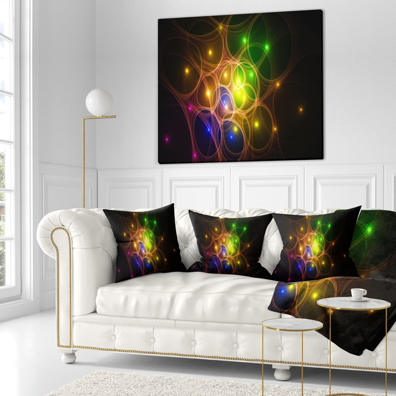 Fractal Space Circles - Coussin imprimé abstrait, 18 po x 18 po, Jaune, Coussin décoratif