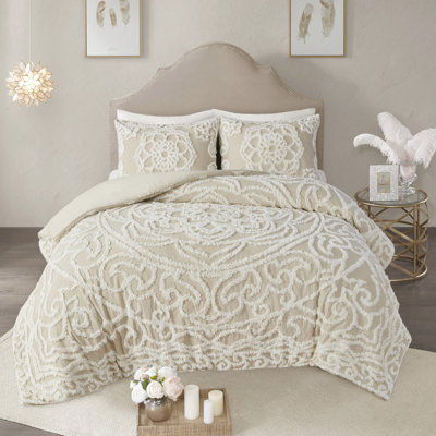   Housse de couette en coton très grand - taupe 100% pour le confort. Ornement en médaillon. 2 taies décoratives. . Taupe de luxe facile à nettoyer 3 pièces. Sommeil relaxant. Ornement en chenille. Literie assortie lavable