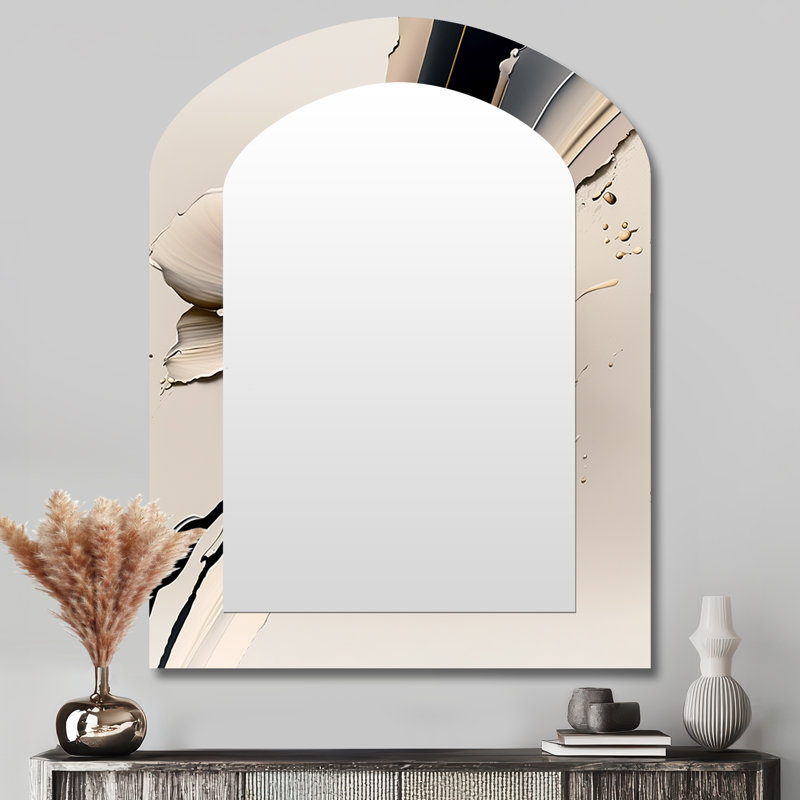 Beige orchidée fleurs hyperréaliste IV - grand miroir en arche d'orchidée, décor de miroir mural asymétrique traditionnel, impression d'art en métal