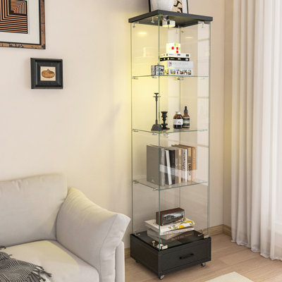 Étui de rangement moderne en verre trempé noir avec tiroir et éclairage à DEL, conception à 4 niveaux pour objets de collection dans divers petits espaces
