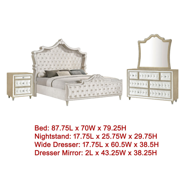 Ensemble de chambre avec grand lit 4 pièces Lino, revêtement en velours blanc ivoire classique, Grand lit
