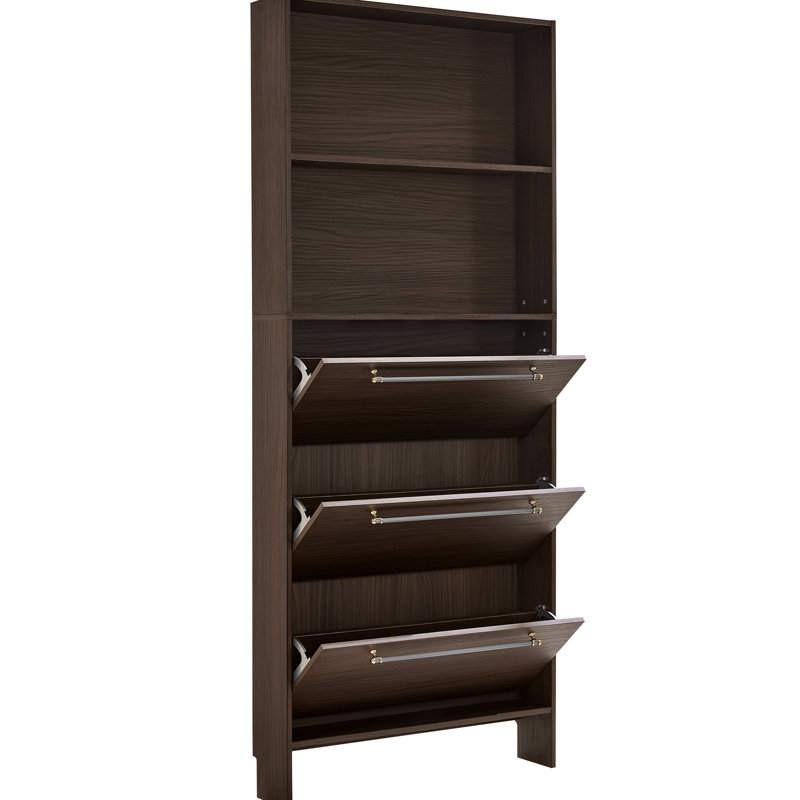 Entryway Shoe Storage Cabinet With 3 Flip Drawers. Solid Wood Legs, Walnut Color. Metal Handles, Drawers For Entryway. Construction, Modern Design, Spacious