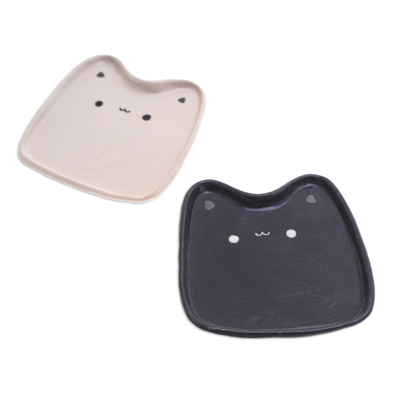 Trinx Handmade Spotted Felines Ceramic Catchalls (Set Of 2), Black/White