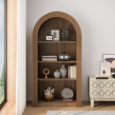 Bibliothèque arquée de 78,74 po de hauteur, bibliothèque de style Mid-Century moderne à 4 niveaux avec tablette de rangement ouverte pour la salle à manger, le salon, la chambre à coucher
