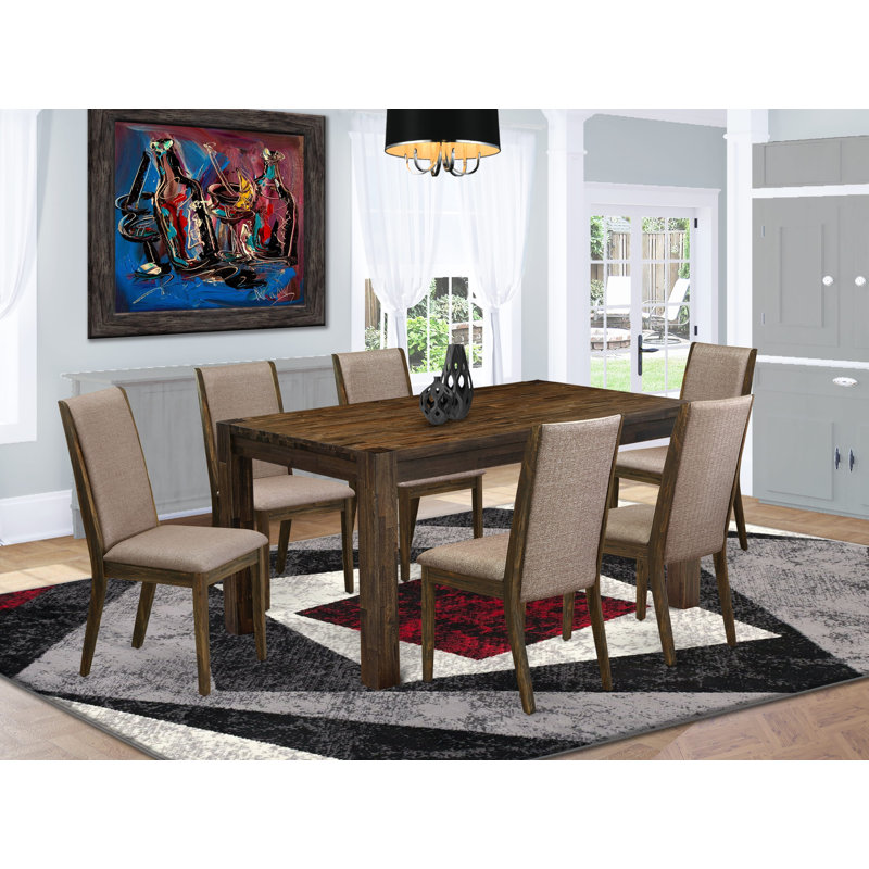 Ensemble de meubles de salle à manger 7 pièces comprenant une table de salle à manger rectangulaire en bois rustique et 6 chaises Parsons en tissu kaki foncé