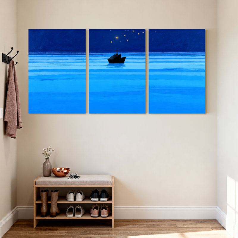 «Night Sea Boat Stars Calm Water Sky», ensemble de 3 impressions sur toile, H 18 po x l 36 po
