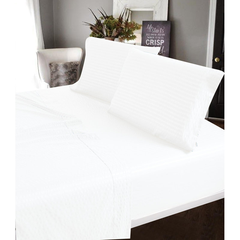 100% Cotton Sateen Striped Sheet Set, Full Sheet Set + 2 Pillowcases, White