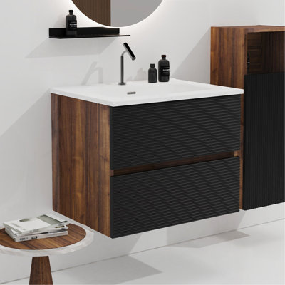 Gloria 24" Wall Mounted Soft Black & Walnut Bathroom Vanity With Integrated Ceramic Sink With Overflow, Large Storage Floating Bathroom Vanity For Modern Bathroom, KD