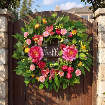 Artificial Eucalyptus Front Door Wreath With Hello Sign, Peony, Magnolia, Tulip & Berries For Farmhouse Decor