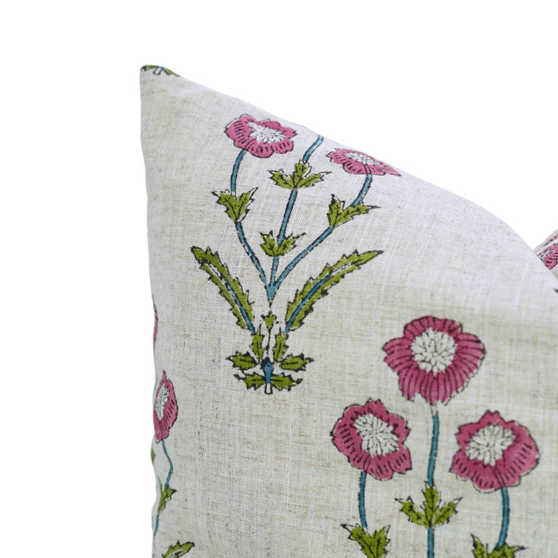 Fabdivine Artisan Block Print Linen Throw Pillow Cover for Home Décor, Amitabh,, Square 16", Pink