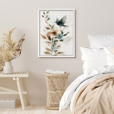 Oiseau et aquarelle florale, reproduction d'art encadrée, illustration botanique douce pour décoration murale boho, cottagecore ou chambre à coucher et entrée