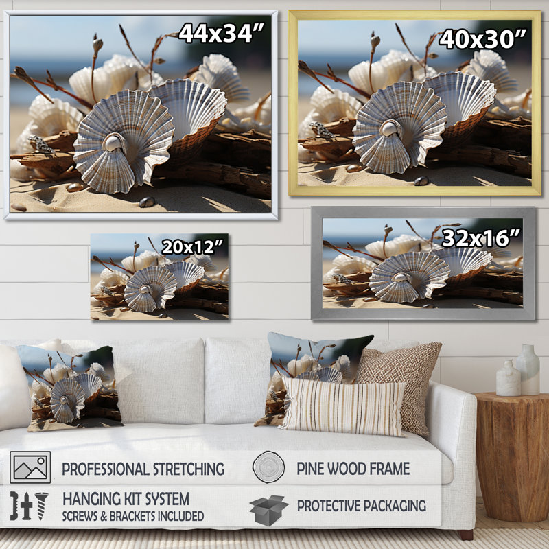 «Beach Photo Seashell Sonata II», reproduction d'art sur toile, Argent, H 16 po x l 32 po x P 1 po
