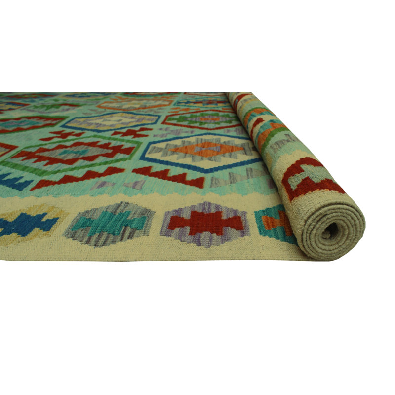 Tapis vert clair / jaune / rouge en laine noué à la main de conception unique 8 pi 3 po x 11 pi 6 po Jaleya