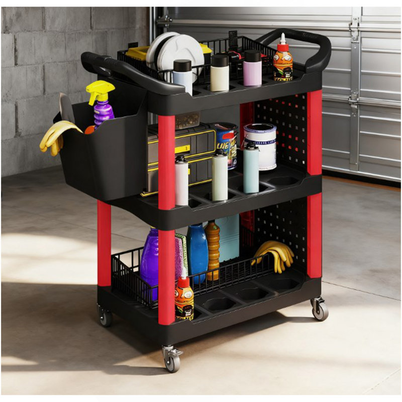 Chariot utilitaire en plastique d'une capacité de 200 lb avec tablette latérale et seau de rangement, chariot à outils roulant