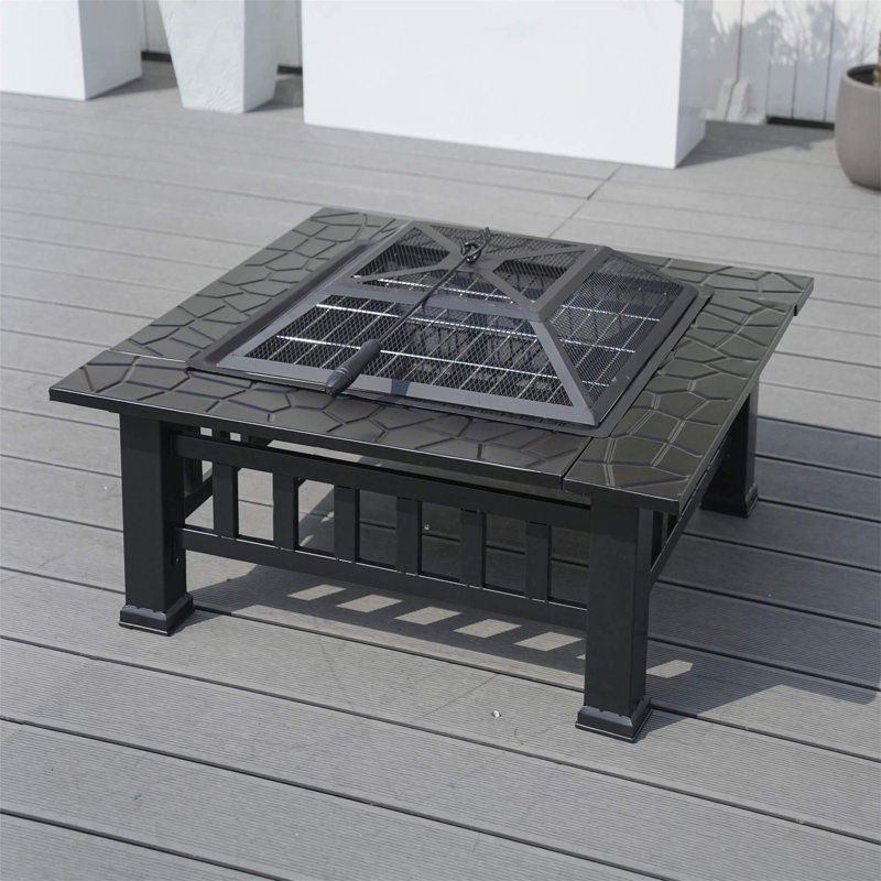  Steel Fire Pit Table – Portable Outdoor Bonfire & BBQ Set, Black