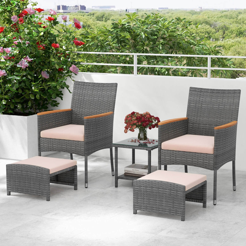 5 Pcs Patio Conversation Set With Soft Cushions Ottomans & Tempered Glass Top Table