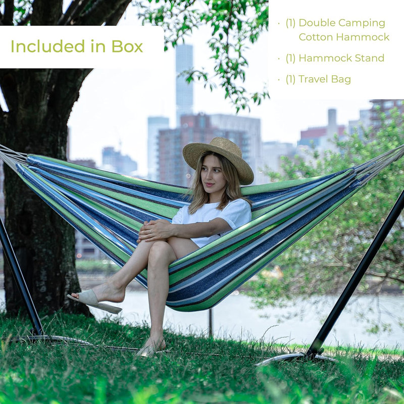 Double hamac de camping avec support en acier robuste, ensemble de hamac réglable d'une capacité de 550 lb avec sac de transport pour patio extérieur