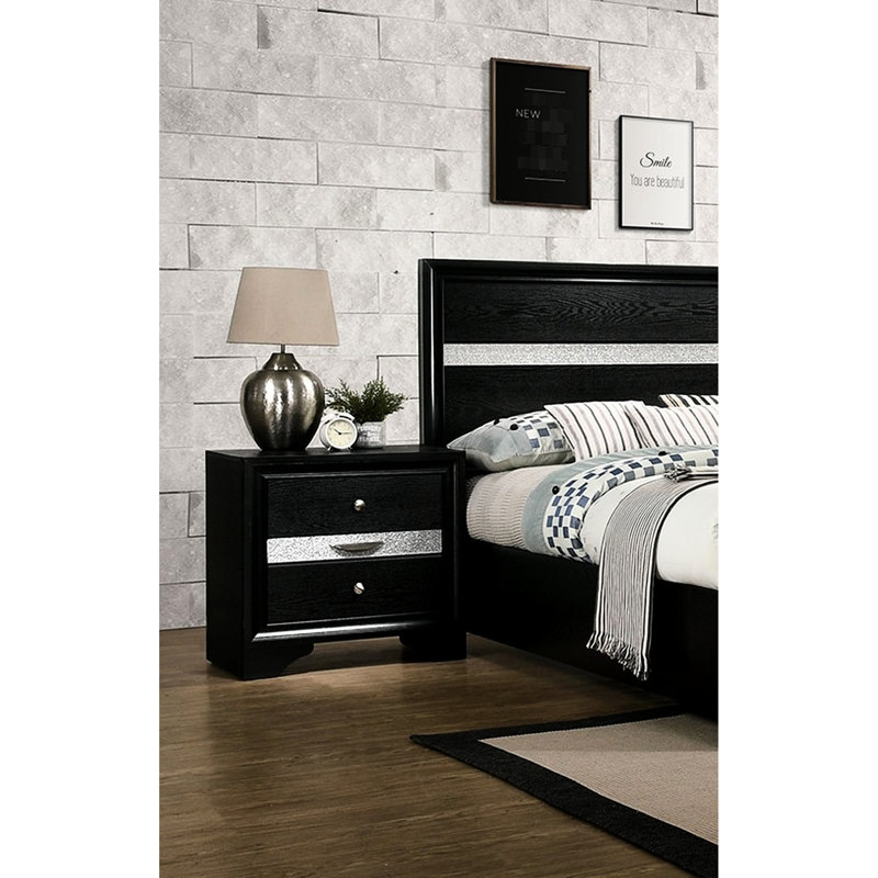 Table de chevet en bois massif noir - moderne, détails argentés, tiroir caché, table de chambre à coucher en bois transitionnel, mobilier