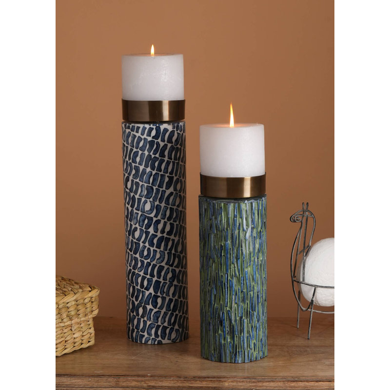 India. Curated. Elegant Handcrafted Candle Stand: Blue Bone with White Resin Inlay and Brass Top