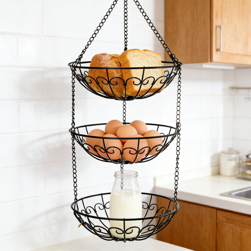 Panier à fruits et légumes suspendu à 3 niveaux, support de rangement robuste en fil métallique avec crochet pour la cuisine, organisateur rustique pour pommes de terre, oignons, bananes et plus