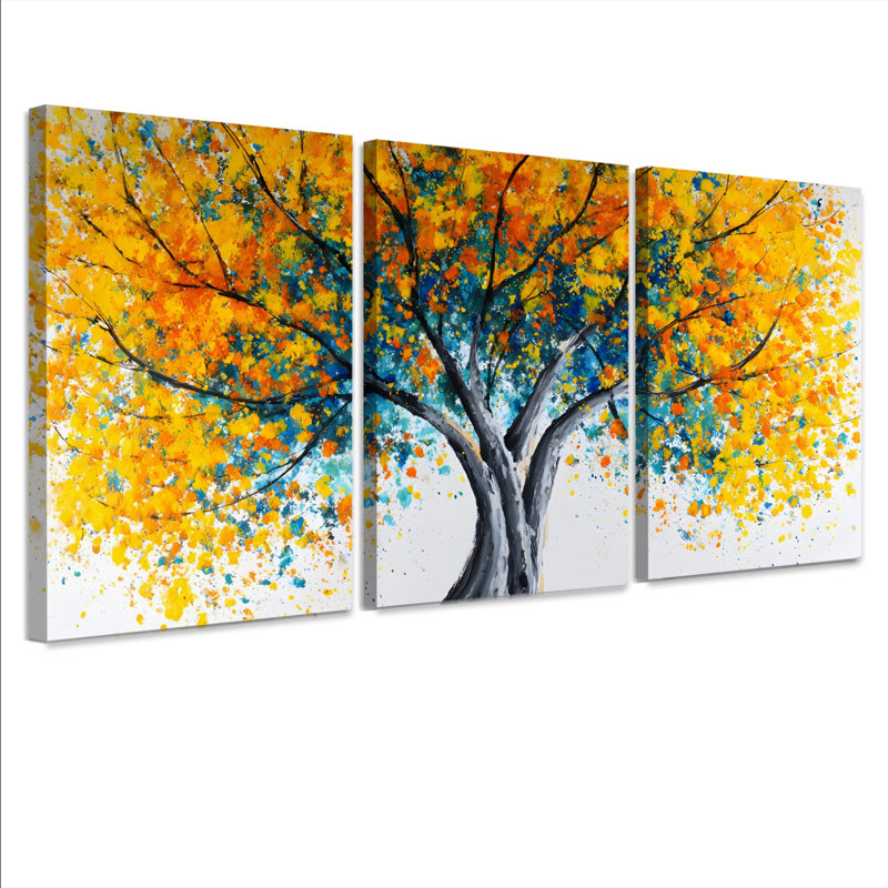 Tableau sur toile tendue représentant un arbre vibrant aux feuilles abstraites (lot de 3), H 24 po x l 48 po
