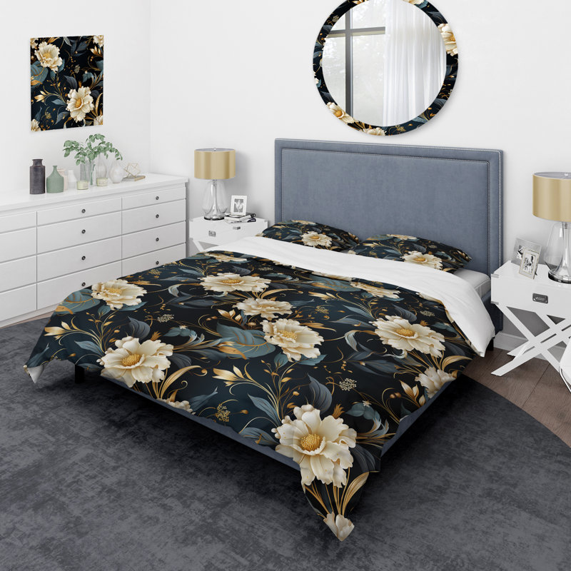 Opulent Gold Intrigue Floral - Ensemble de housse de couette en marbre, Housse de couette pour très grand lit et 2 très