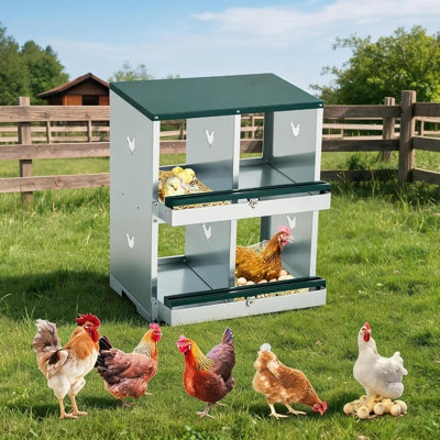 Boîte de nidification en métal pour poulet - 4 compartiments, boîte à œufs ventilée à deux niveaux, plateau à œufs coulissant, collection d'œufs facile à nettoyer, robuste et efficace pour poules et canards, vert